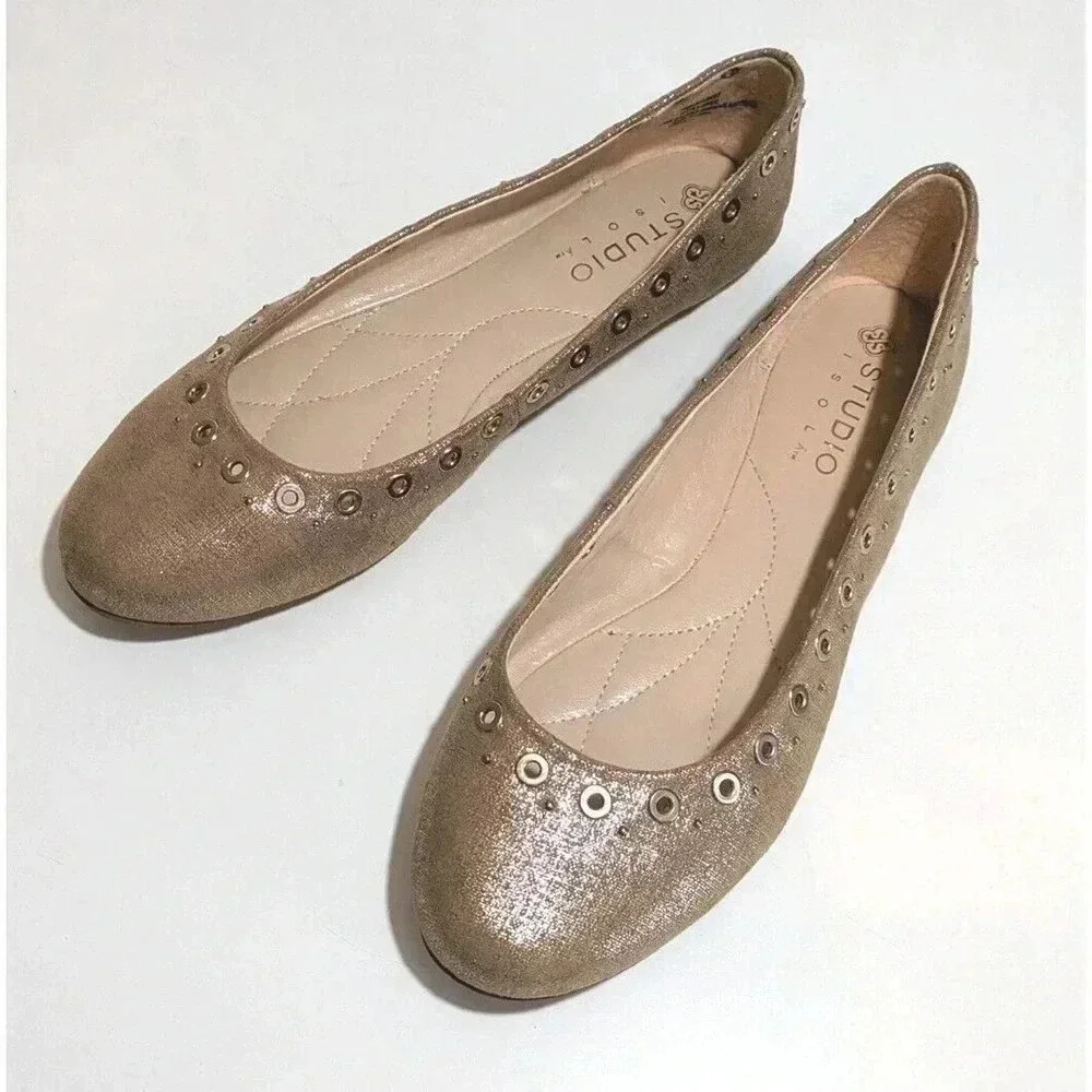 Studio Isola Metallic Gold Jacey Ballet Flats Size 7.5 Grommet Stud Details